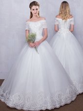 Shining Off the Shoulder Sleeveless Beading and Ruffles Lace Up Wedding Gown