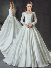 Suitable White Wedding Dress Wedding Party and For with Lace and Belt V-neck Long Sleeves Chapel Train Lace Up