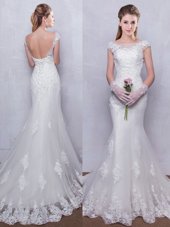 Pretty White Mermaid Scoop Cap Sleeves Tulle With Brush Train Backless Lace Wedding Dresses