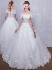 Graceful See Through Ball Gowns Wedding Gowns White Scoop Tulle Short Sleeves Floor Length Lace Up
