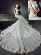 Mermaid White Scoop Side Zipper Lace Wedding Dresses Court Train Sleeveless