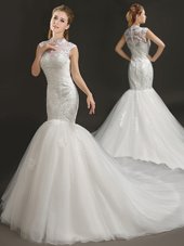 Mermaid White Tulle Zipper High-neck Sleeveless With Train Wedding Gown Court Train Lace and Appliques