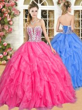Ball Gowns Quinceanera Dress Hot Pink Sweetheart Organza Sleeveless Floor Length Lace Up