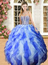 Beading and Ruffles 15 Quinceanera Dress Blue And White Lace Up Sleeveless Floor Length