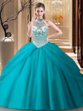 Teal Lace Up Halter Top Beading and Pick Ups Sweet 16 Quinceanera Dress Tulle Sleeveless Brush Train