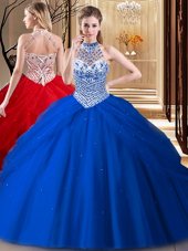 High Quality Halter Top Beading and Pick Ups 15 Quinceanera Dress Royal Blue Lace Up Sleeveless With Brush Train