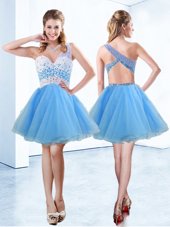High Quality Baby Blue Pageant Dress Prom and Party and For with Beading One Shoulder Sleeveless Criss Cross