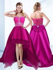 Perfect Fuchsia Sleeveless With Train Beading and Ruching Lace Up Pageant Dress for Womens