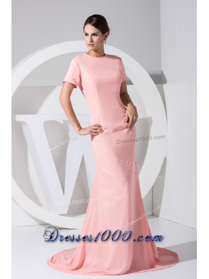 Short Sleeves Round Neckline Prom Dress with Cool Back