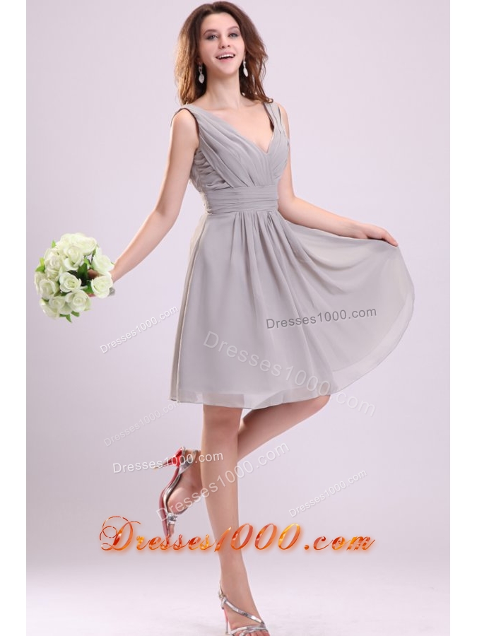 Chiffon Knee-length Empire Gray V-neck Ruching Prom Pageant Dress