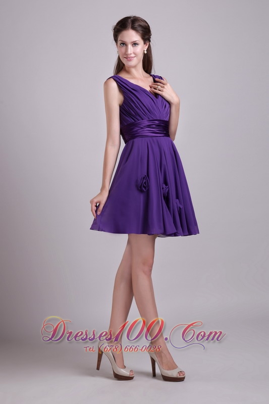 neck Mini-length Purple Chiffon Bridesmaid Dama Dresses